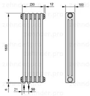 Схема (чертеж) Радиатор Zehnder Charleston 3180/5 №3370 Белый глянцевый RAL 9016